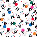 Colorful Polka dots mixed with wording  Ã¢â¬ÅBE HAPPYÃ¢â¬Â Vector seamless pattern in typo play font.  ,Design for fashion,web, Royalty Free Stock Photo